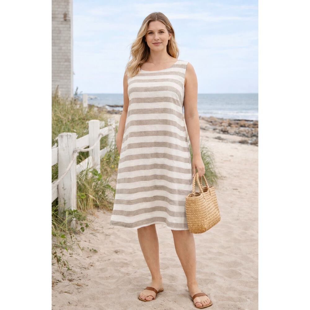 Beachlunchlounge Linen Cotton Striped Shift Dress Large Neutral Coastal Summer